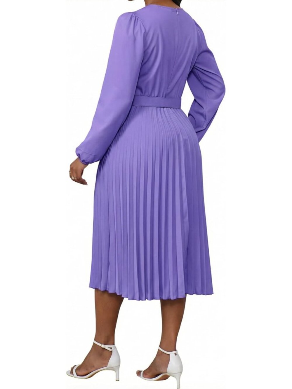 🆕Women's Purple Pleated Midi Dress Long Sleeve Semi Formal Dress Casual - Picture 6 of 6